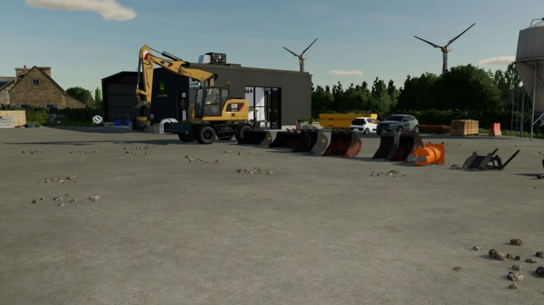 Caterpillar M315F excavator mod in FS22 near attachments and building