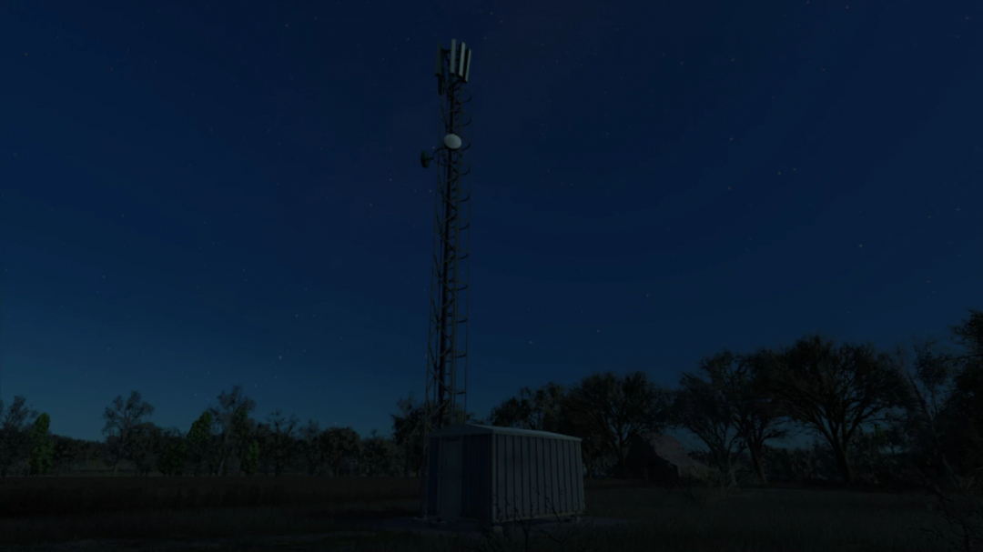 Vista noturna do mod de antena celular no FS25, aprimorando o jogo com recursos de comunicação.