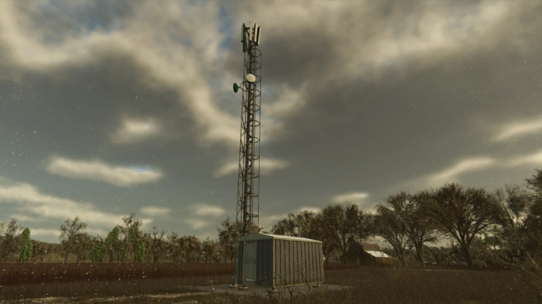 Mods de FS25 Antena Celular v1.0.0.0 em uma paisagem cênica do Farming Simulator 25.