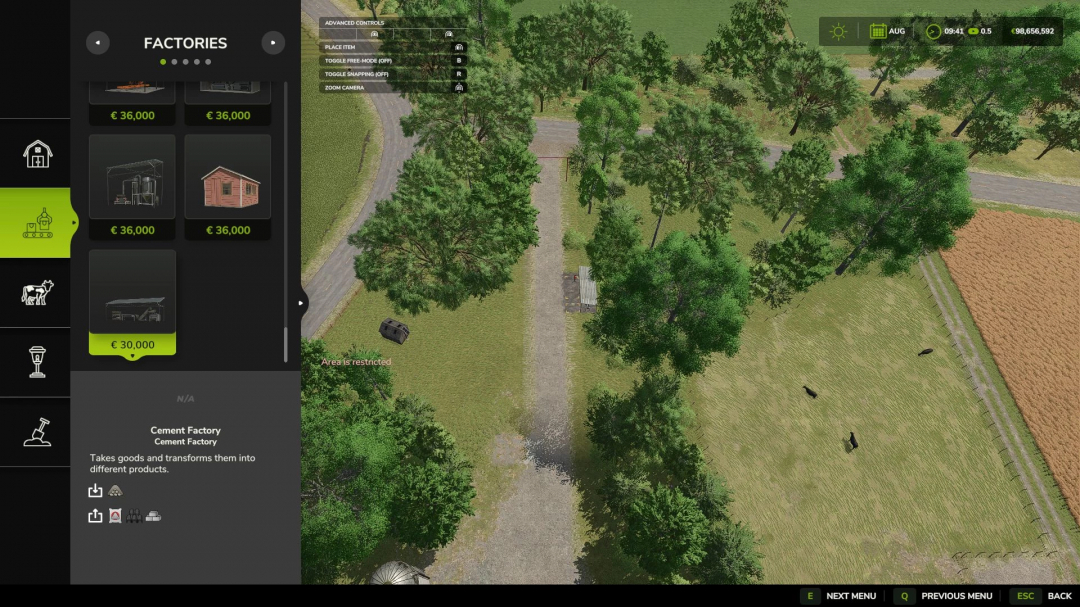 FS25 Cement Factory mod screen showing factory options and landscape view.