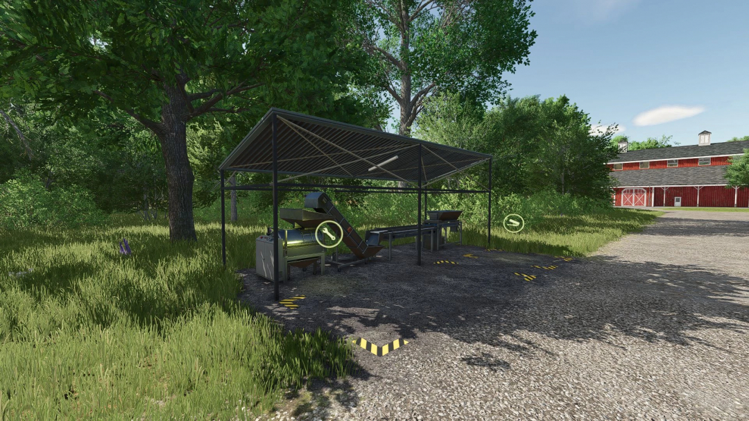 FS25 mod Cement Factory v1.0.0.0 showing outdoor cement production setup with conveyor belts and shelter in a lush green environment.