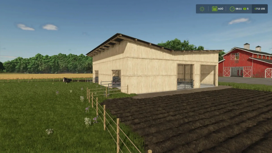 FS25 mods Cow Pen v1.0.0.0 showing a wooden barn with fenced pasture and a cow in Farming Simulator 25.