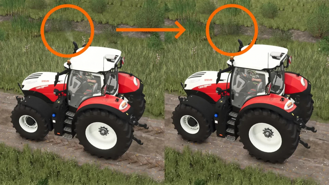 Mod FS25 Dark Exhaust Smoke v1.0.0.0 muestra un tractor con humo de escape más oscuro en Farming Simulator 25.