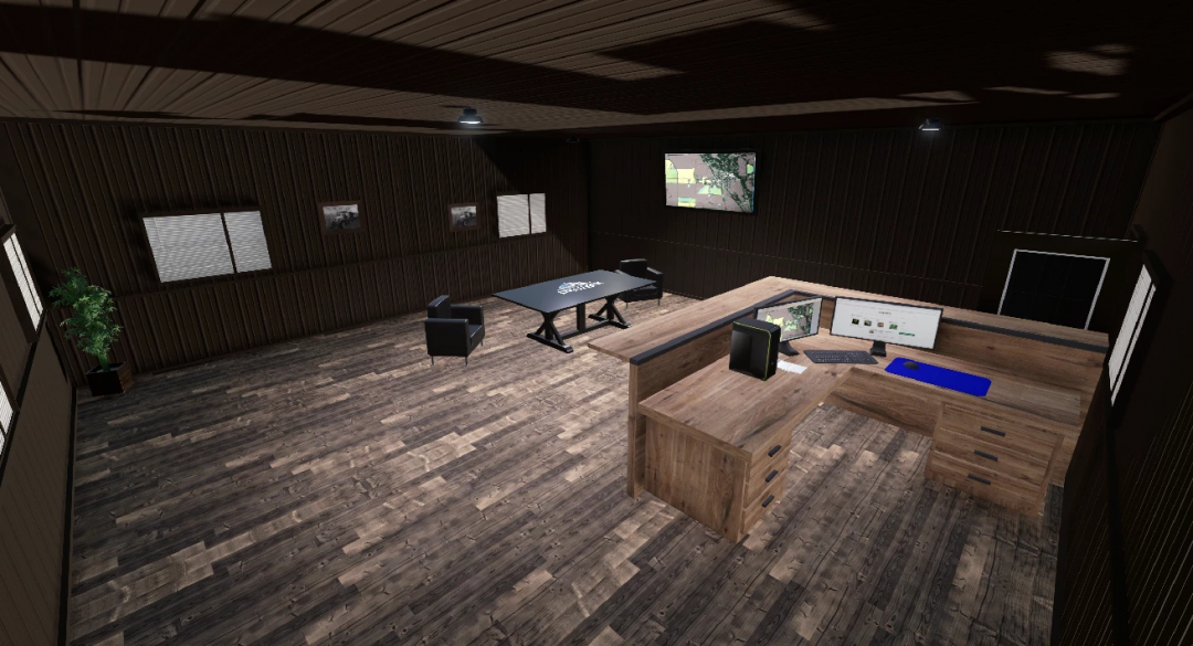 FS22 mod DeLuyck Farms Shop Edit v1.0.0.0 interior, featuring a detailed office with wooden floors, desk, monitors, and chairs.