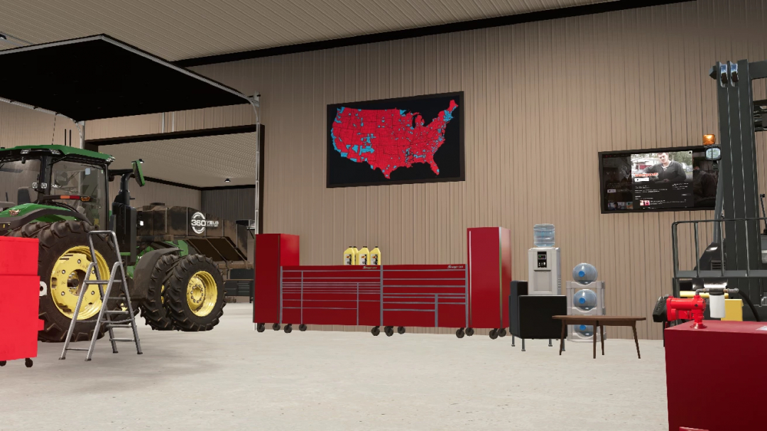 FS22 mods DeLuyck Farms Shop Edit: Interior of a workshop showing a tractor, tool cabinets, and equipment in Farming Simulator 22.