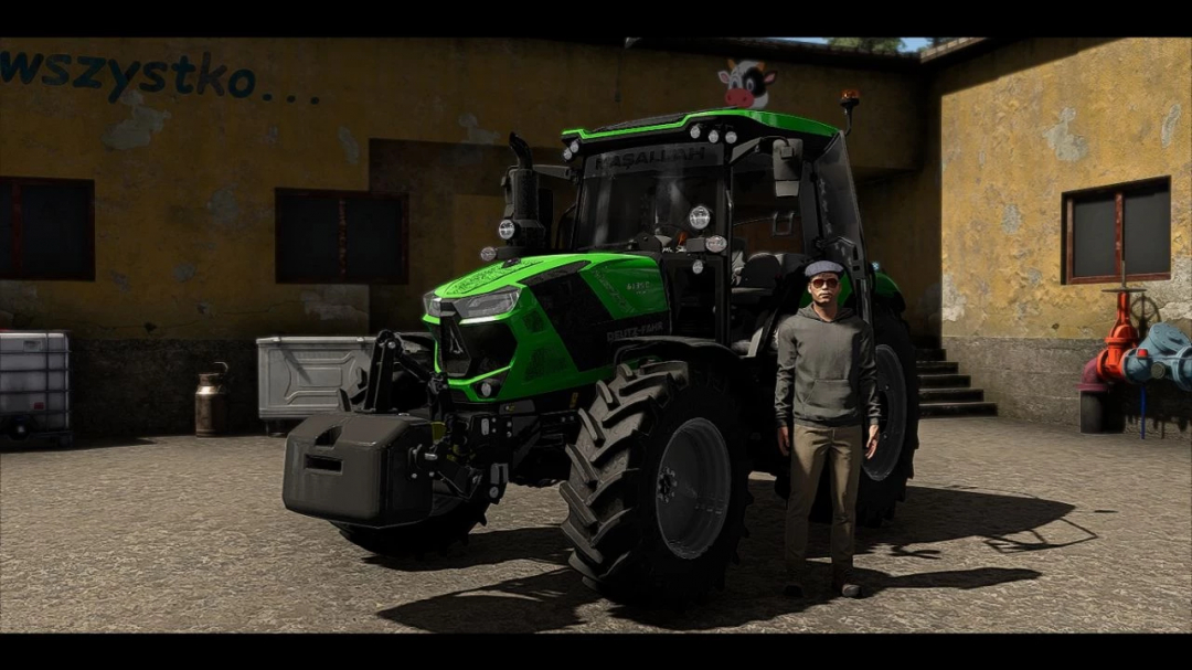 Deutz Fahr 6135C tractor in Farming Simulator 22 mod v1.5.0.0, shown in a rustic yard.