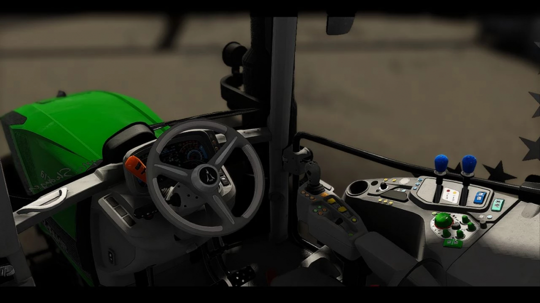 Deutz Fahr 6135C tractor interior in FS22 mod, showing dashboard and controls.