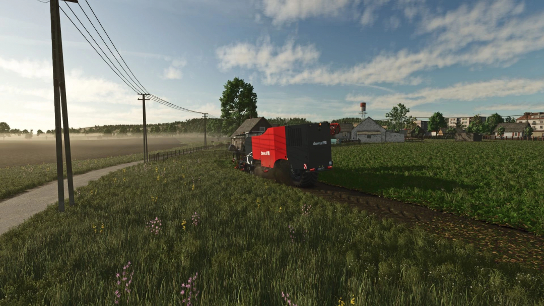 FS22 mod Dewulf ZKISVE v1.0.0.0 harvesting on a farm field, showcasing realistic graphics in Farming Simulator 22.