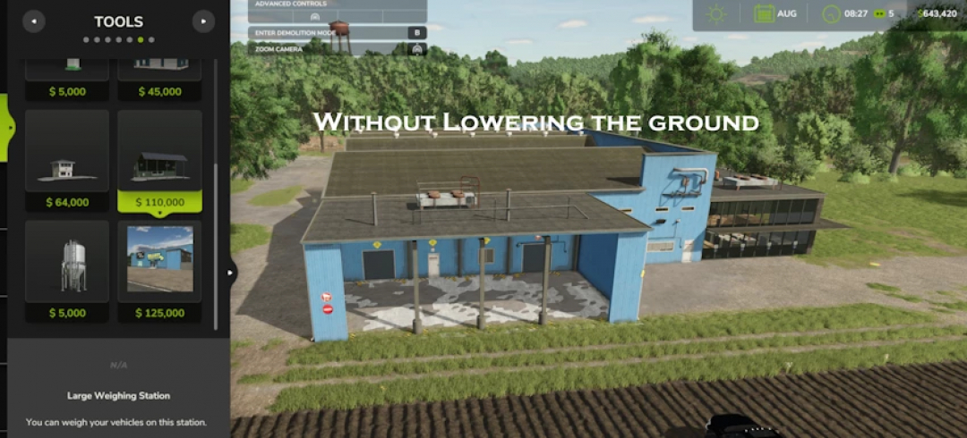 FS25 mods, Discount Warehouse v1.0.0.0 showing large weighing station without lowering ground, Farming Simulator 25.