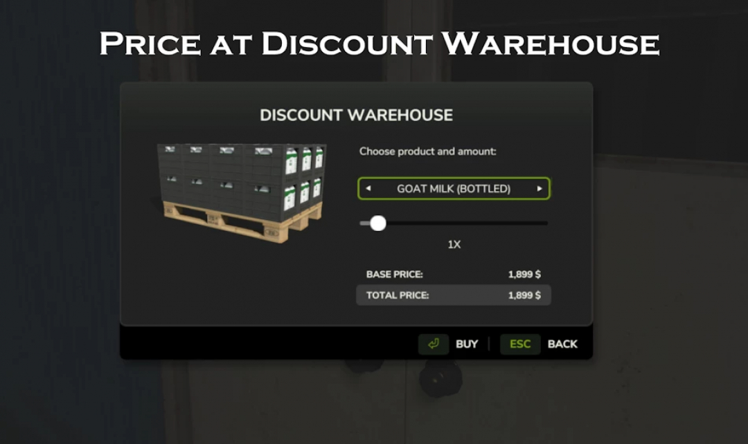 FS25 Discount Warehouse mod interface showing goat milk pricing options.