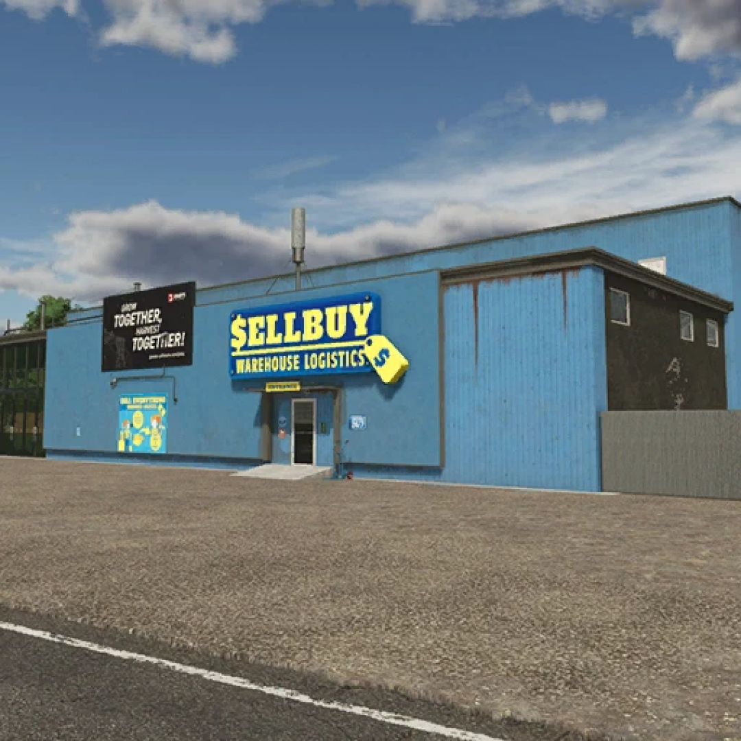 Front view of the Discount Warehouse in FS25, showcasing a large blue building with 'Sell Buy' signage.