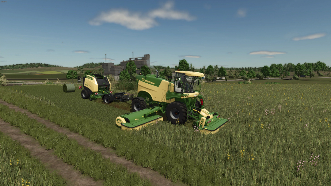 Krone machinery in a field, showcasing Dolly Extended mod in FS25.