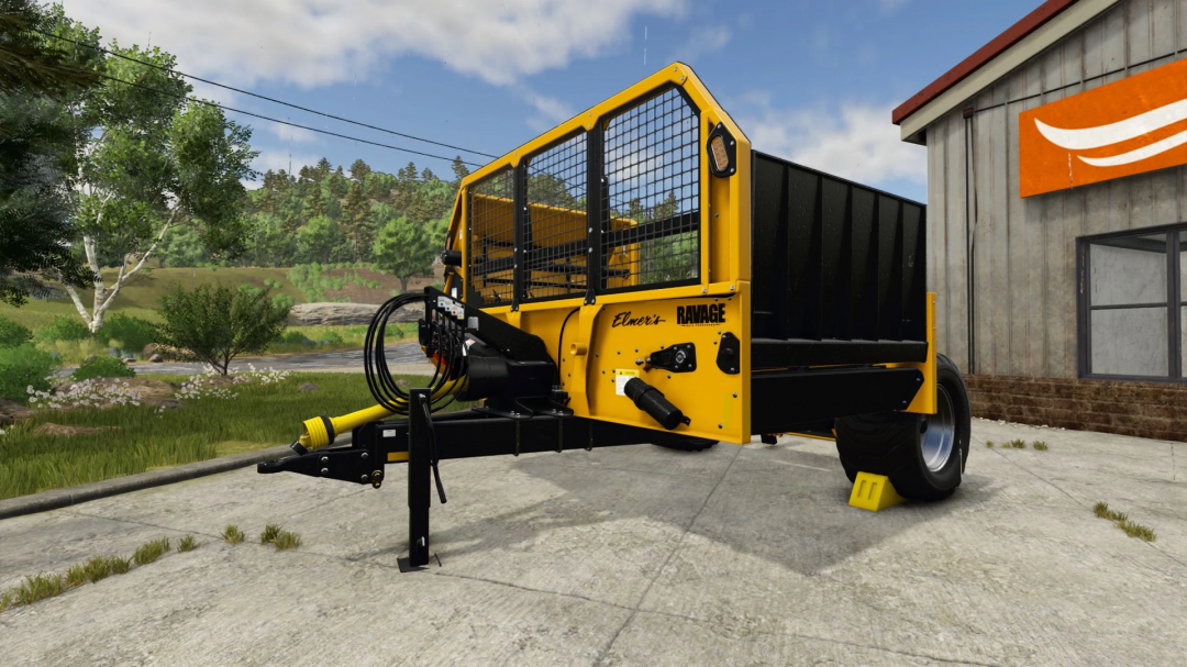 Elmer's Ravage straw blower mod for FS25 displayed near a barn.