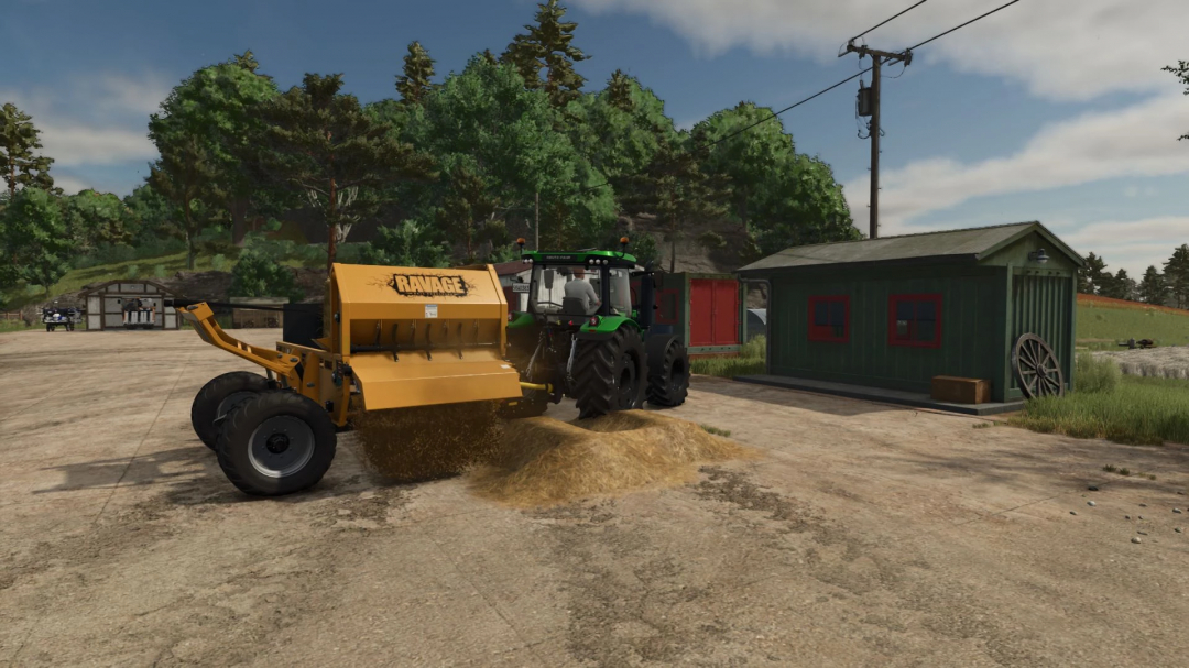 FS25 mod Elmer's Ravage straw blower in use with tractor, blowing straw on farmyard.