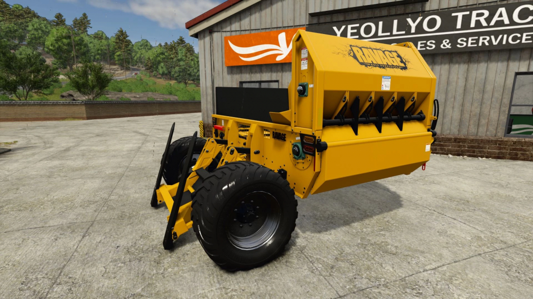 Elmer's Ravage straw blower mod for FS25 shown in a service yard.