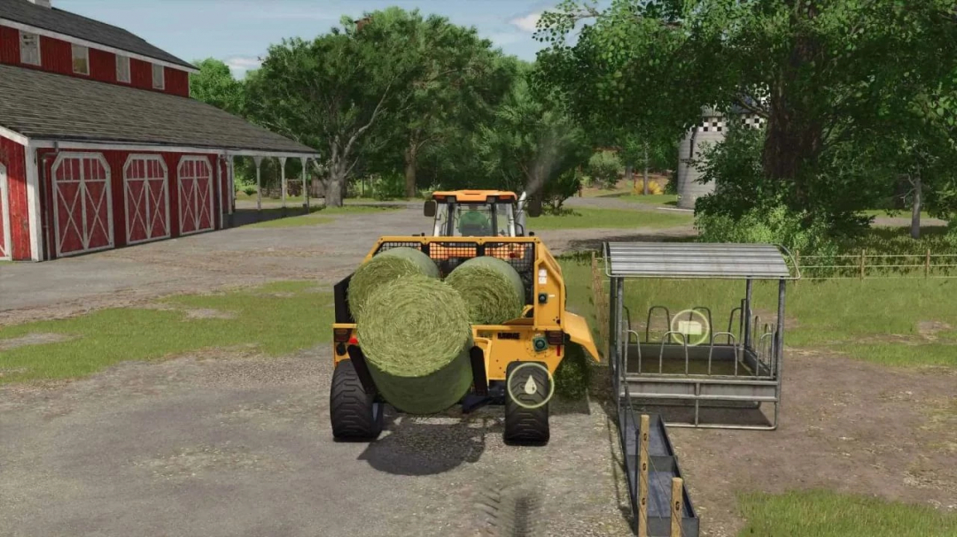 Elmer's Ravage straw blower in FS25 loading hay bales next to a barn.