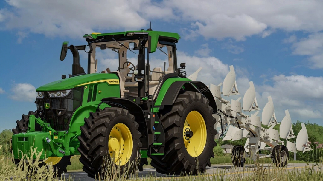 FS22 mod Ermo Evo FSV v1.1.0.0 with green tractor and plow under blue sky in Farming Simulator 22.