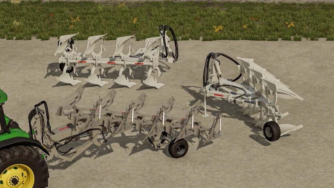 FS22 mod Ermo Evo FSV v1.1.0.0 ploughs displayed on dirt ground in Farming Simulator 22.