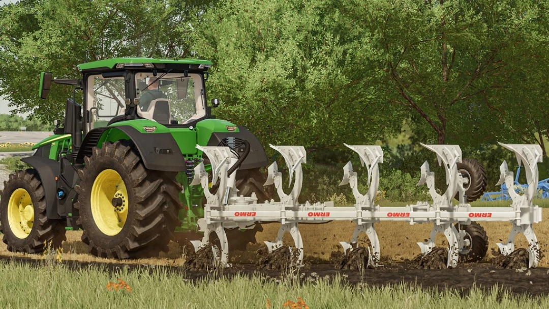 FS22 mod Ermo Evo FSV v1.1.0.0 showing a green tractor plowing fields with an Ermo plow in Farming Simulator 22.