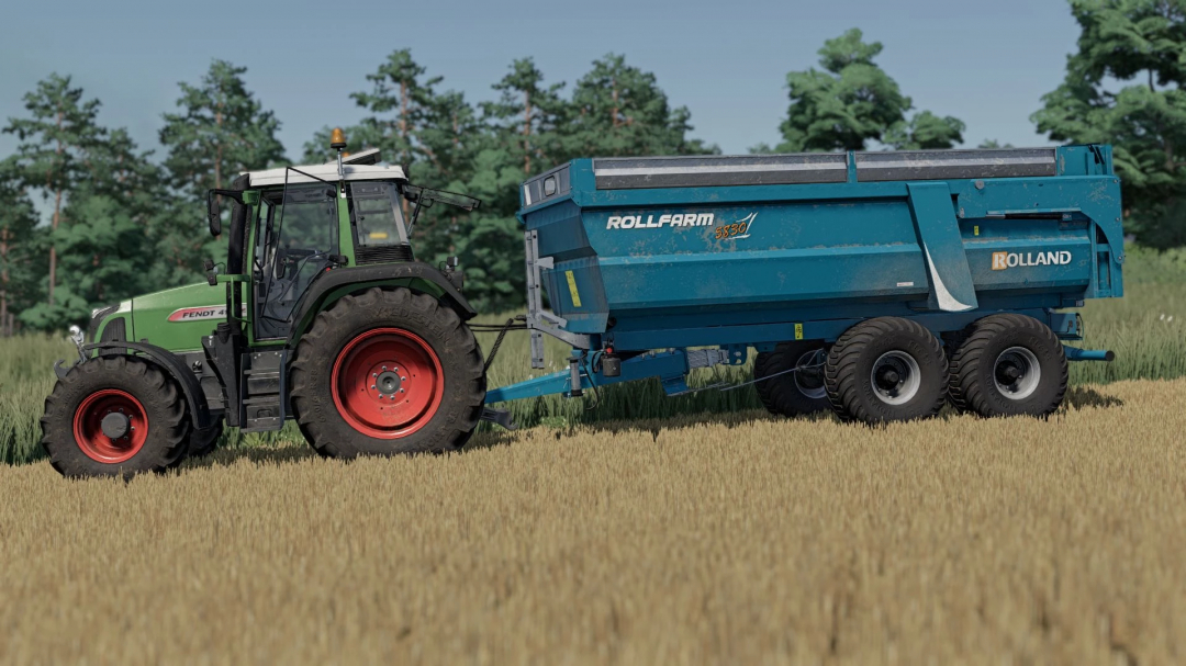 FS22 Rolland Rollfarm trailer pulled by tractor in a wheat field, part of FS22 Rolland Rollfarm Pack mod.