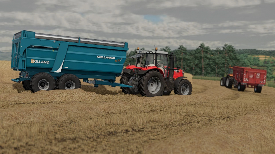 FS22 Rolland Rollfarm trailer attached to tractor on a field in Farming Simulator 22 mod.