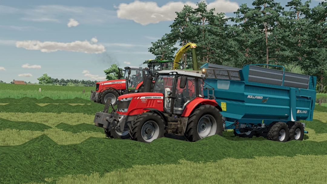 FS22 Rollfarm Pack mod: red tractor with Rolland trailer in a field