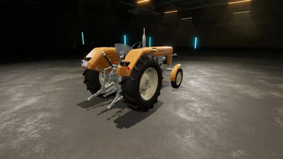 FS22 Ursus C360 edit v1.0.0.0 mod tractor in a dimly lit garage. FS22 mods enhance gameplay with this classic tractor model.