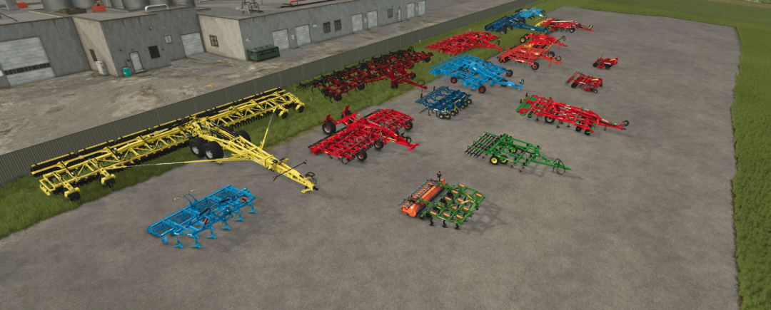 FS25 CultiPlow Pack v1.0.0.0 showcasing colorful plows and cultivators in a yard for Farming Simulator 25 mods.