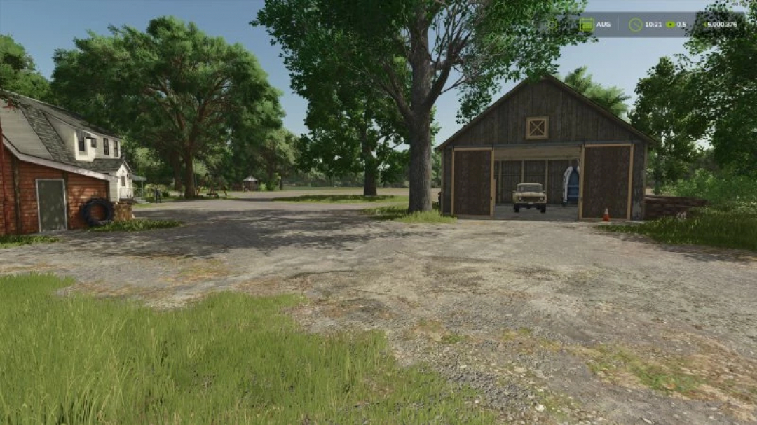 FS25 mod, Farming Simulator 25 Empty Farm Lot Riverbend Springs v1.0.0.0 shows a barn and trees under a clear sky.