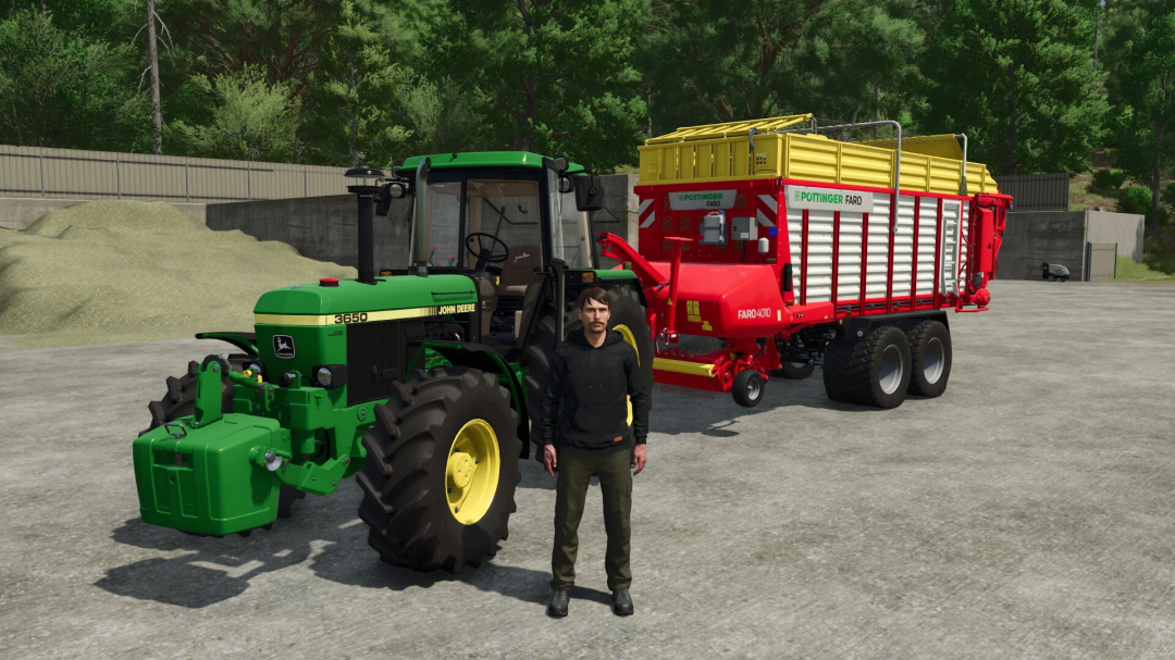 FS25 mod: John Deere 3650 tractor with a Pottinger Faro trailer, Farming Simulator 25 scene.