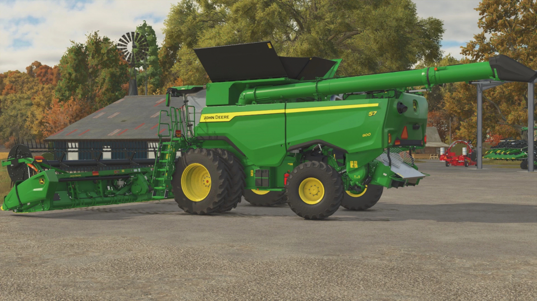 Mod FS25 John Deere S7 che mostra una mietitrebbia verde in Farming Simulator 25.