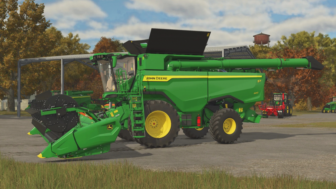 Mod FS25 John Deere S7 in Farming Simulator 25, che mostra una mietitrice verde in ambiente rurale.