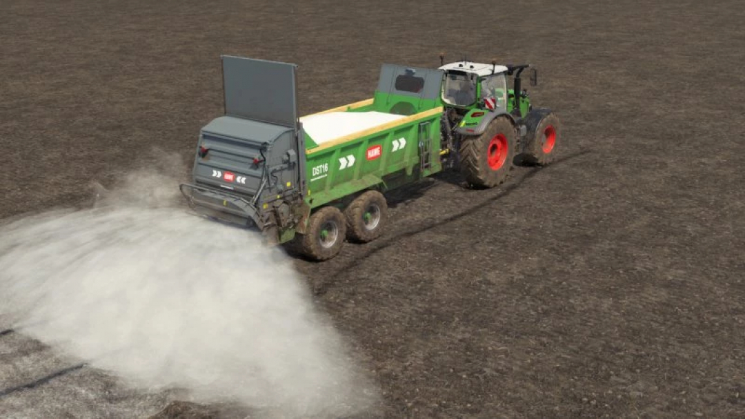 Trattore con il mod FS25 Lime Extension v1.0.0.0 in Farming Simulator 25, spargendo calce su un campo.