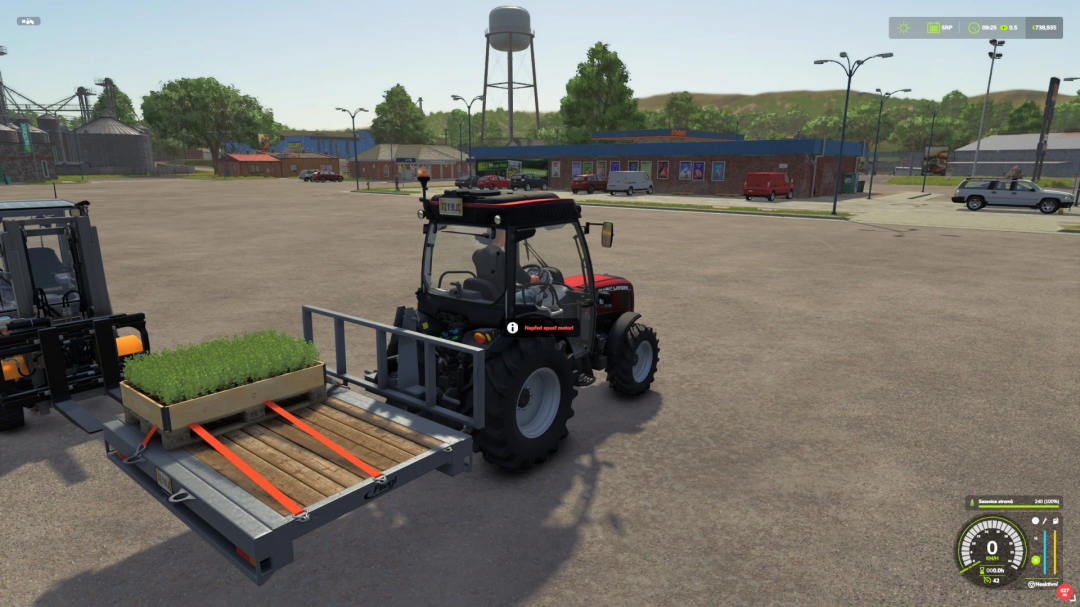 FS25 mod screenshot showing a tractor with a Fliegl rear deck in Farming Simulator 25.