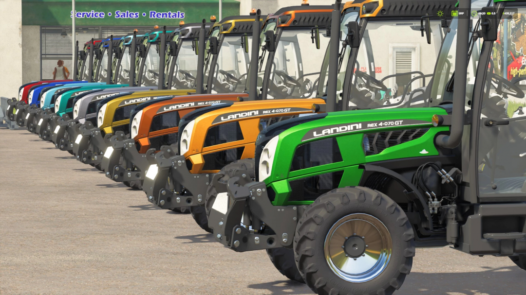 Demonstração de mods FS25 com tratores Landini coloridos enfileirados, destacando o mod FS25_MR_seriesREX4 do Farming Simulator 25.