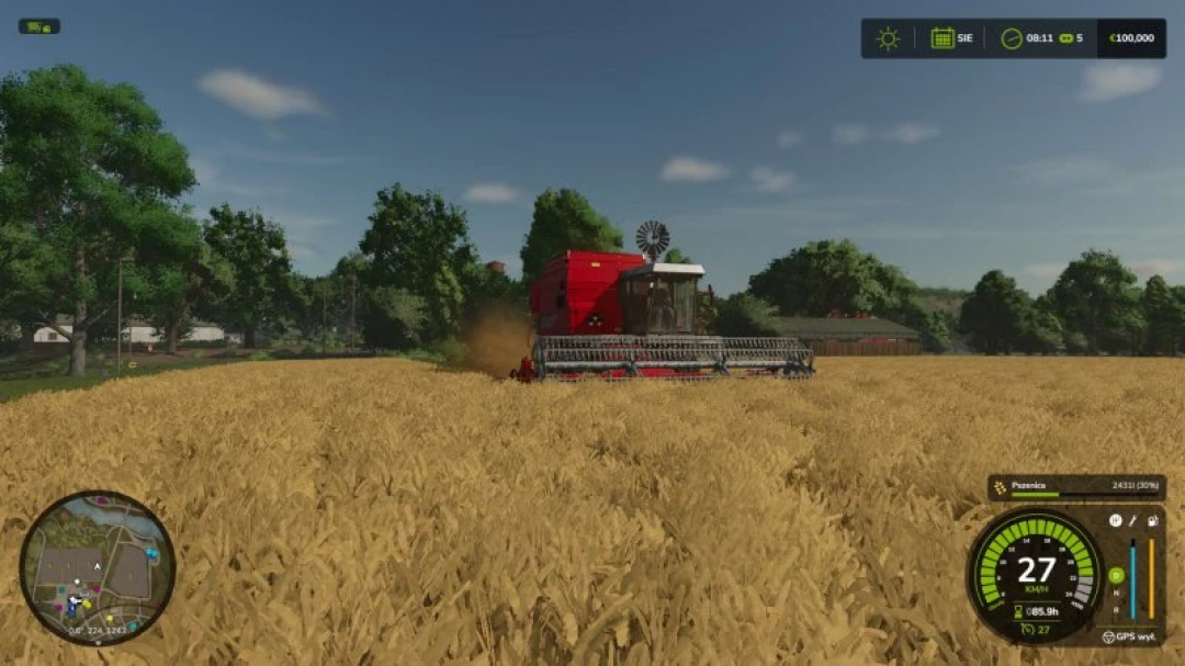 Combine in een tarweveld met de FS25 Real Speed Limit-mod in Farming Simulator 25.