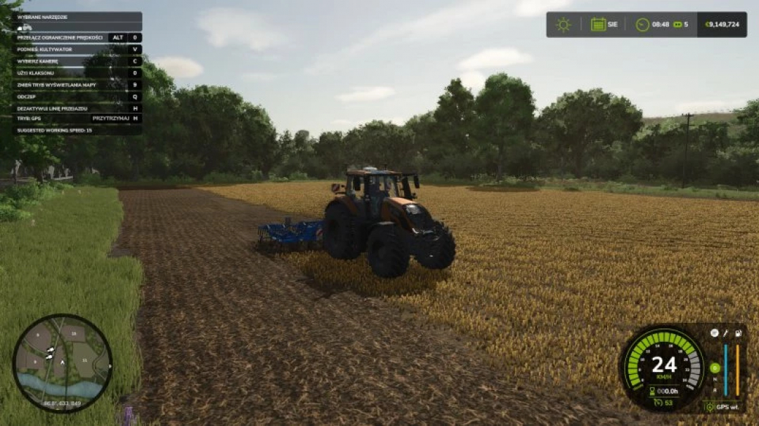 Tractor in een veld met FS25 Real Speed Limit mod, Farming Simulator 25 gameplay.