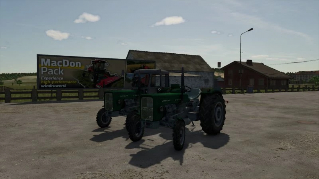 FS25 URSUS C355 ZIELONA tractor mod v1.0.0.0 displayed in a farm setting for Farming Simulator 25.