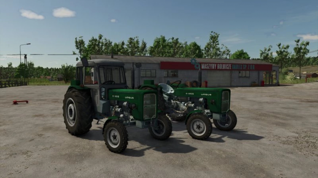 FS25 URSUS C355 ZIELONA tractors parked on a farm. Farming Simulator 25 mods showcase.