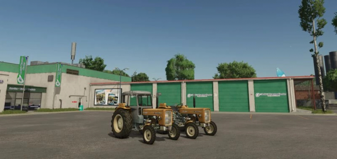 FS25 URSUS C360 mod v1.0.0.0 w środowisku Farming Simulator 25, z traktorami przed dealerem.