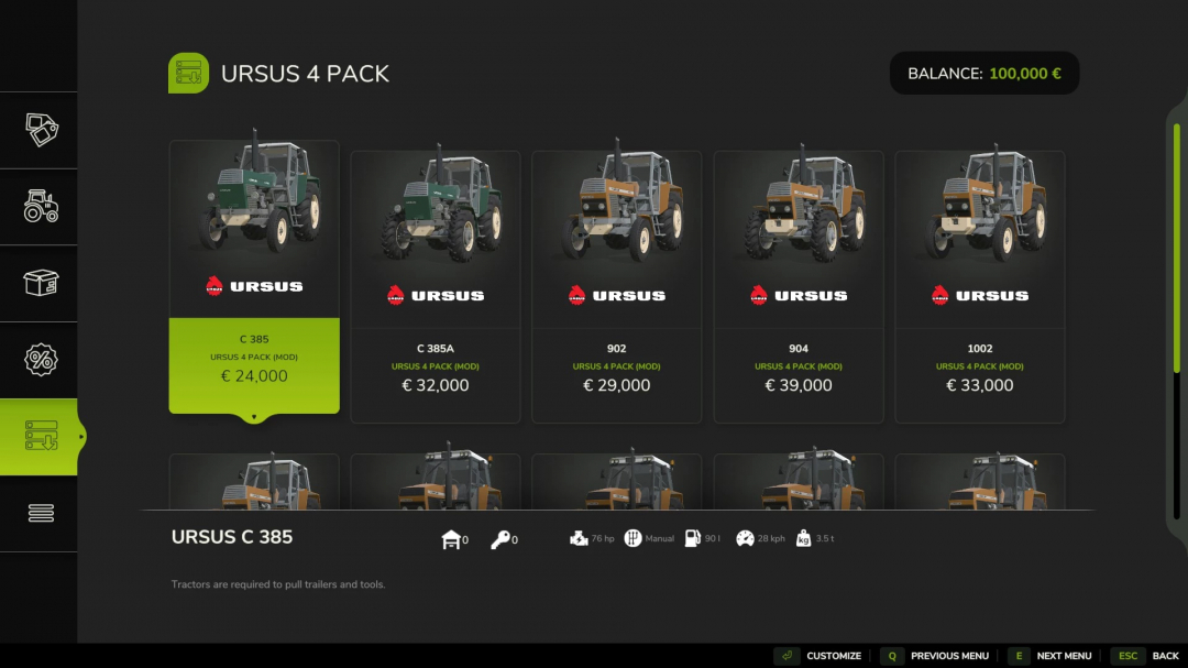 Écran de sélection du mod FS25 Ursus 4 pack montrant les prix et modèles dans Farming Simulator 25.