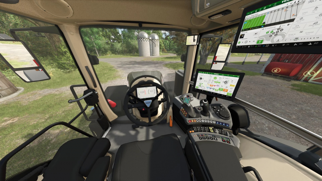 Widok wnętrza Fendt Vario 1000 mod do FS25, pokazujący szczegółową deskę rozdzielczą i sterowanie.