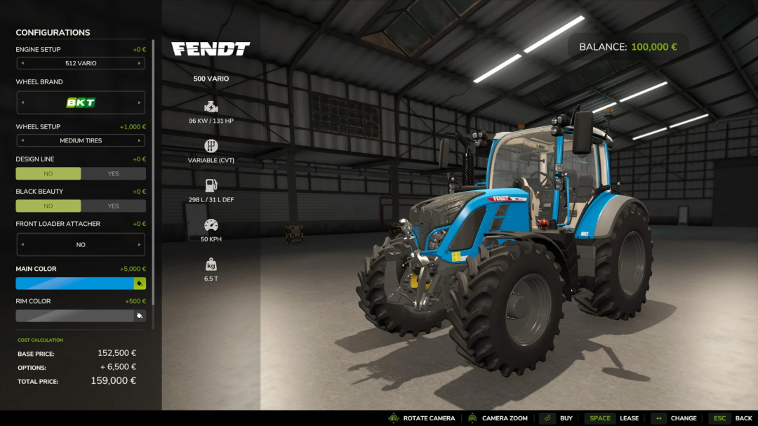 Menu de mod do Farming Simulator 25 mostrando Fendt Vario 500 com pneus largos e opções de cores.