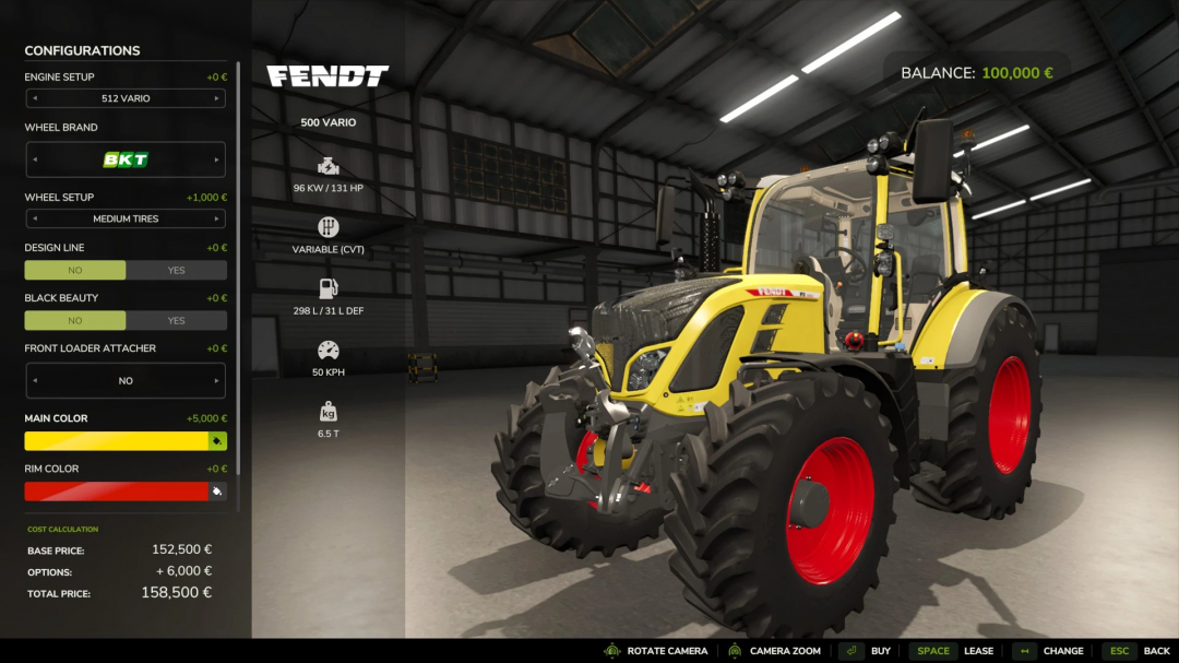 Mod FS25 Fendt Vario 500 com pneus largos e opções de cores em uma garagem virtual.