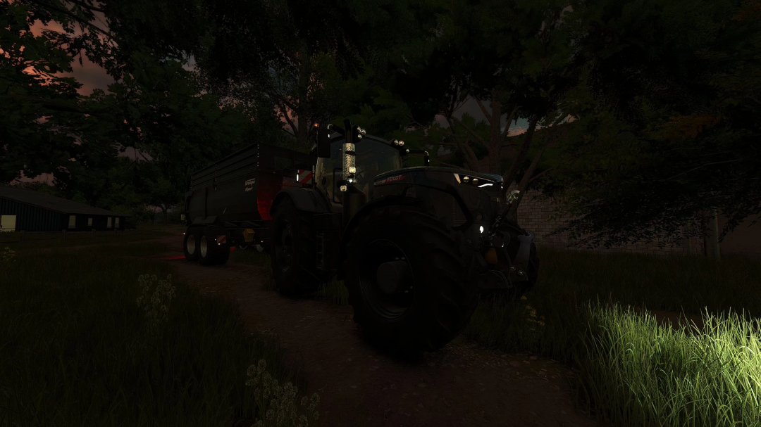 FS25 mod First Reshade v1.0.0.0 showing a tractor with trailer at dusk, enhancing realism with improved lighting effects.