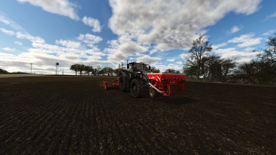 FS25 mod First Reshade v1.0.0.0 showcasing a tractor plowing a field under a partly cloudy sky.