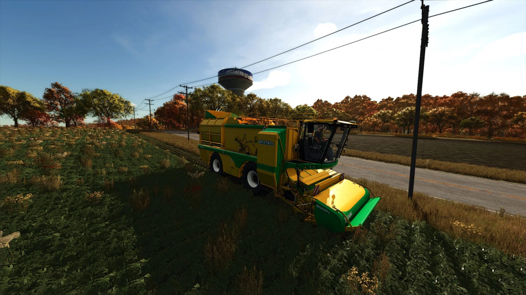 FS25 mod First Reshade v1.0.0.0 showcasing a harvester on fields with autumn trees, enhancing Farming Simulator 25 graphics.