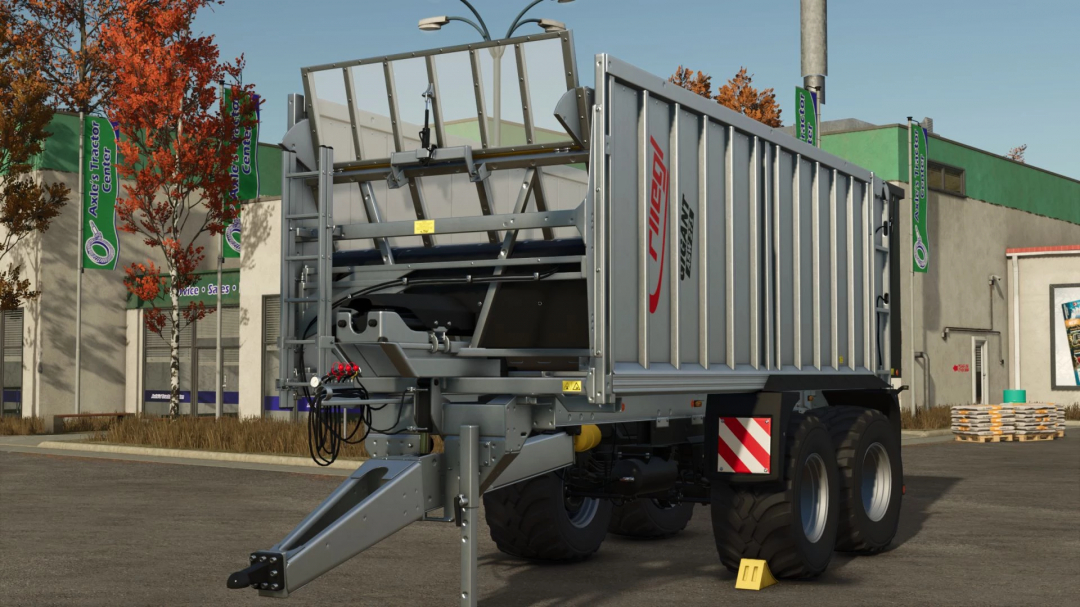 FS25 mod Fliegl ASW 271 przyczepa na parkingu, jesienne drzewa i budynek w tle.