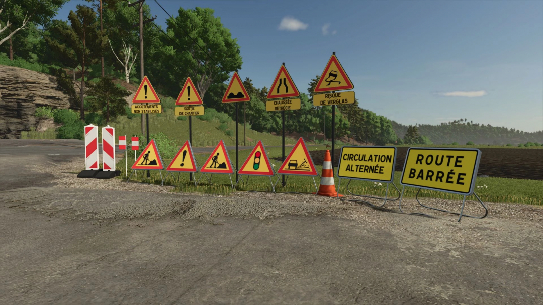 French Temporary Signs mod for FS25, showing various road signs on a rural road.