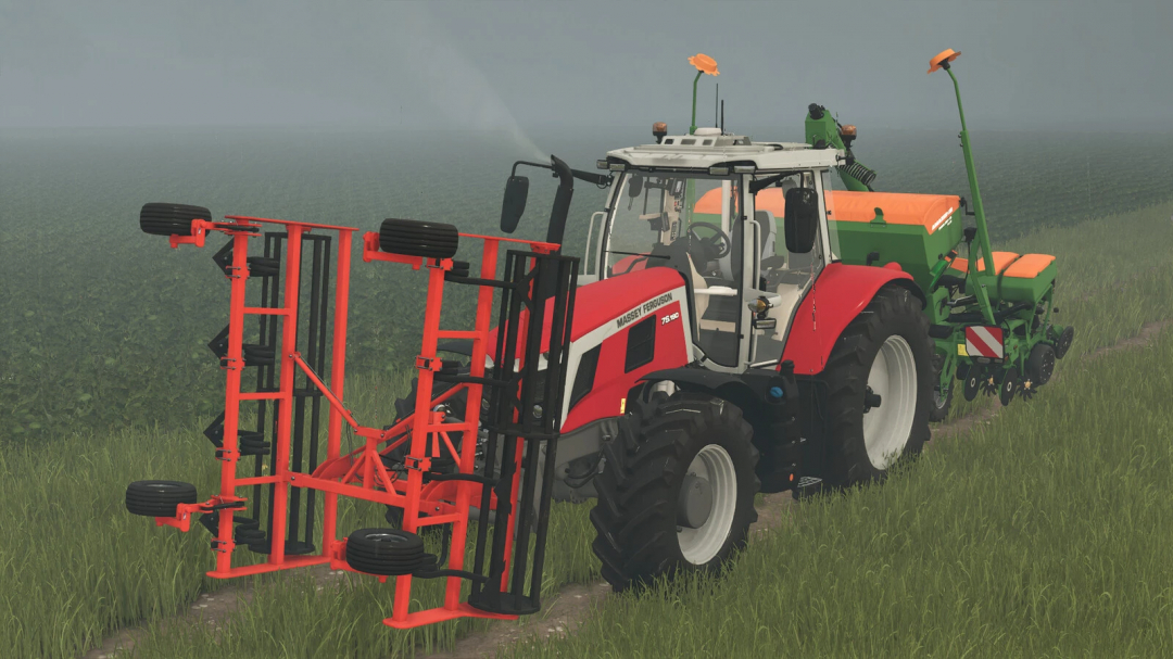 FS25 mod Front Cultivator v1.0.0.0 attached to a red tractor in a field